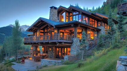Fototapeta premium Luxurious Mountain Log Home Evening Illumination