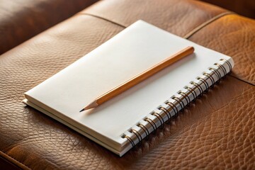 Blank White Notebook with Pencil on Brown Leather - Perfect for Education or Note-Taking