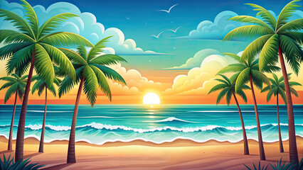 Bright Summer Ocean Palm Banner Design, Minimalist AI Art