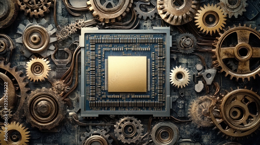 Poster steampunk microchip circuit board gearwork design
