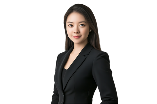 Portrait a businesswoman in a black suit, professional headshot, isolated on transparent background