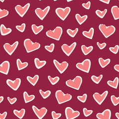 Hand drawn heart seamless repeat pattern. Vector valentines day, love sign aop, all over surface print on red background.