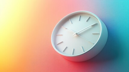 White clock on colorful wall, displaying time