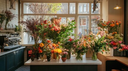 Vibrant Flower Arrangements Displayed In Sunny Shop Window