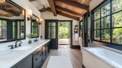 Luxurious Modern Bathroom With Wood Beams and Natural Light