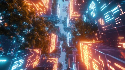 Futuristic Cityscape Illuminated With Neon Lights And Trees