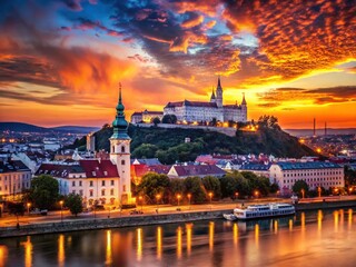 Fototapeta premium Bratislava Sunset Double Exposure: Cityscape Silhouette Over Vibrant Sky