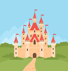Magic princess castle. Flat vector illustration.