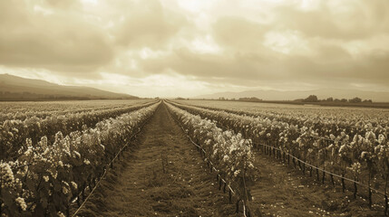 Vintage Cotton Field** - Sepia-toned or black-and-white image of an old cotton field. --ar 16:9 --v 6 Job ID: 0ee08522-3395-4d9a-97e6-d5079ea9453f