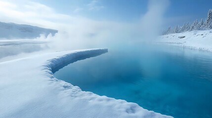 A frozen river with steam coming out of it
