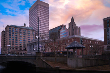 Providence City Skyline and Landmark Architecture at the Historic District in Rhode Island, USA:...