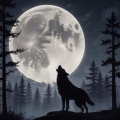 Naklejka premium Full moon night forest landscape with a howling wolf silhouette against a bright moonlit sky, forest, howling wolf