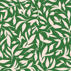 Obraz premium Hand drawn botanical leaves seamless repeat pattern on green background. Random placed, vector herb aop, all over print.