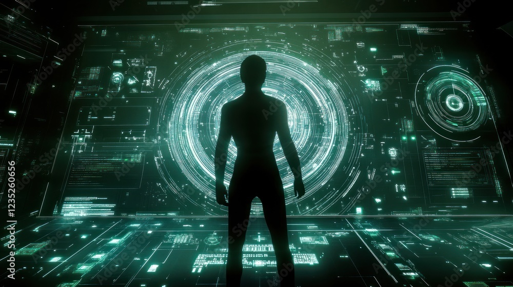 Poster silhouette figure observing futuristic green interface display
