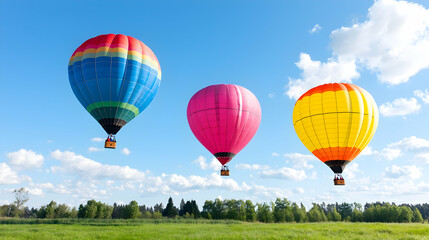 Obraz premium Colorful hot air balloons fly over green field