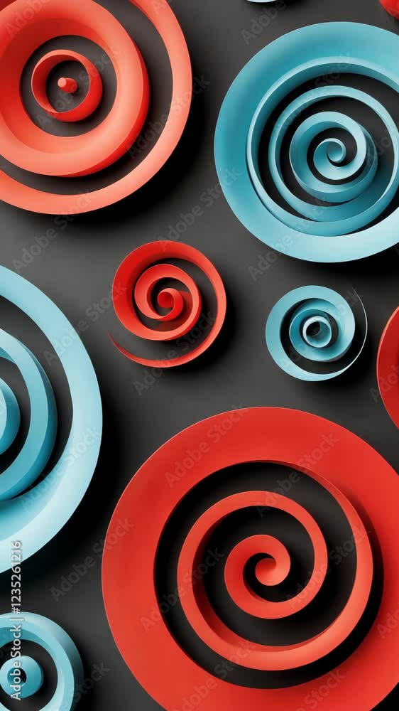Poster colorful spiral decorations create a dynamic visual display on a dark background in modern art