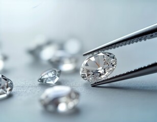 Close-up view of brilliant cut diamond held by tweezers. Several diamonds visible around. Jeweler handling precious stone. Gemstone sorting process. High-quality image for luxury jewelry brand gem