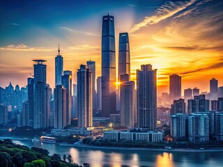 Obraz premium Chongqing Modern Architecture Silhouettes - City Skyline AI Art