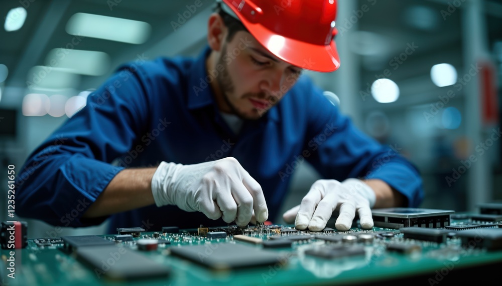 Leinwandbilder technician wears red helmet, white gloves working on circuit board. carefully installs components. m
