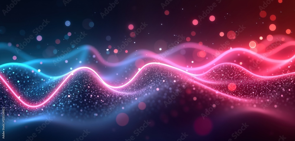 Poster abstract futuristic digital background with glowing pink, blue neon lines, bokeh lights. dynamic wav