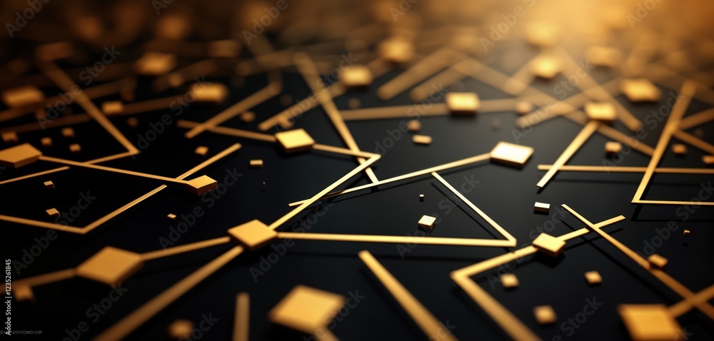 Poster abstract design with black background, gold geometric shapes. complex pattern of squares, lines crea
