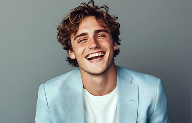 Fototapeta premium Young man laughing in light blue blazer and white t-shirt. Commercial fashion shoot with studio lighting