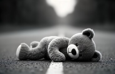 Lonely teddy bear lies on road. Sad, alone toy bear on asphalt. Missing child concept sad love story. Image suitable for children day missing children awareness. Emotional black, white photo of