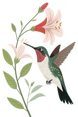 Obraz premium Hummingbird Feeding on Flowers Floral Illustration Bird Art Nature