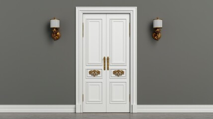 Elegant White Double Door with Gold Accents Against Gray Wall