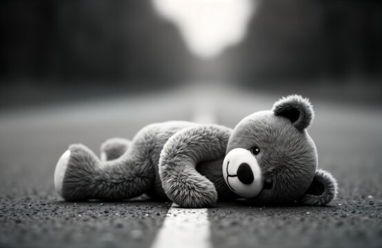 Lonely teddy bear lies on road. Sad, alone toy bear on asphalt. Missing child concept sad love story. Image suitable for children day missing children awareness. Emotional black, white photo of