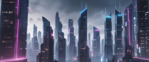 Futuristic cityscape with sleek skyscrapers and neon lights on a bright white background,  neon lights,  architecture