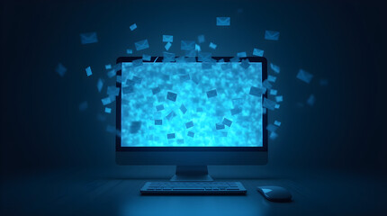 Overwhelmed by Emails? Digital Overload: Blue Lit Computer Screen with Overflowing Inbox of Email Messages