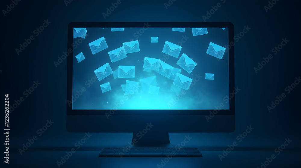 Aufkleber cybersecurity alert digital email overload glowing blue screen computer monitor dark background tech