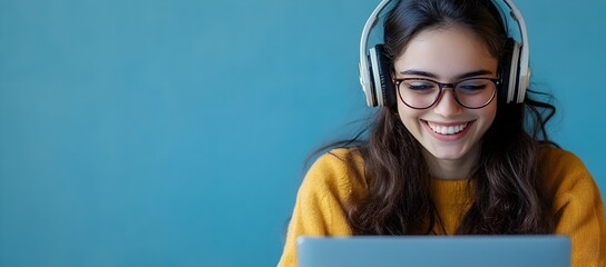 Smiling young woman with glasses and headphones engaged in distance learning on laptop.
