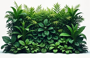 Tropical green wall with diverse plants. Foliage creates vertical garden design. Variety of leaf shapes, sizes. Natural fresh look. Suitable for eco-friendly concepts. Great for wallpaper design