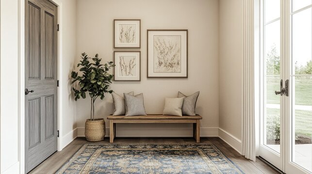 Tranquil Entryway Bench with Botanical Artwork and Rug