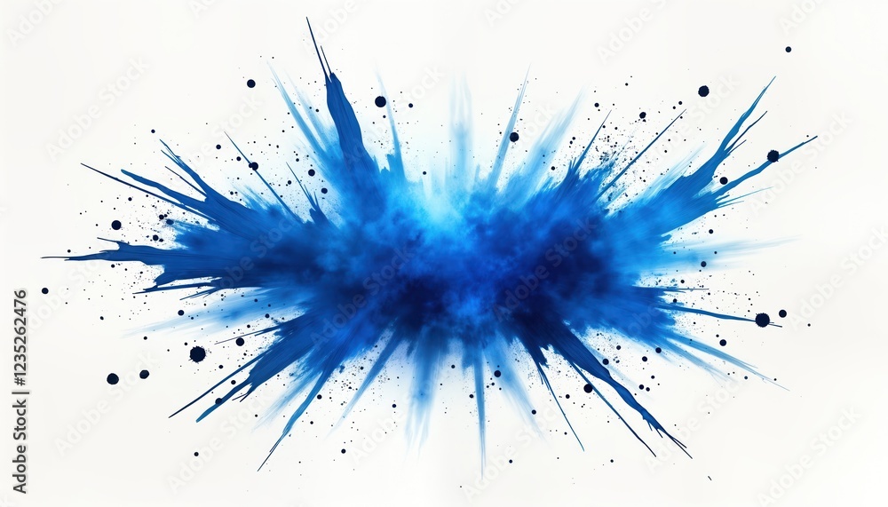 Poster Bold vibrant blue burst explodes against white background. Dynamic design with energetic visual elements. Creative illustration effect. Abstract art piece perfect for modern graphic design projects.