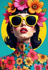 Obraz premium Stylish woman with vibrant flower crown, yellow sunglasses. Fashionable design with floral print jacket. Bold colors, maximalist graphic design. Beautiful model with trendy style. Perfect for fashion