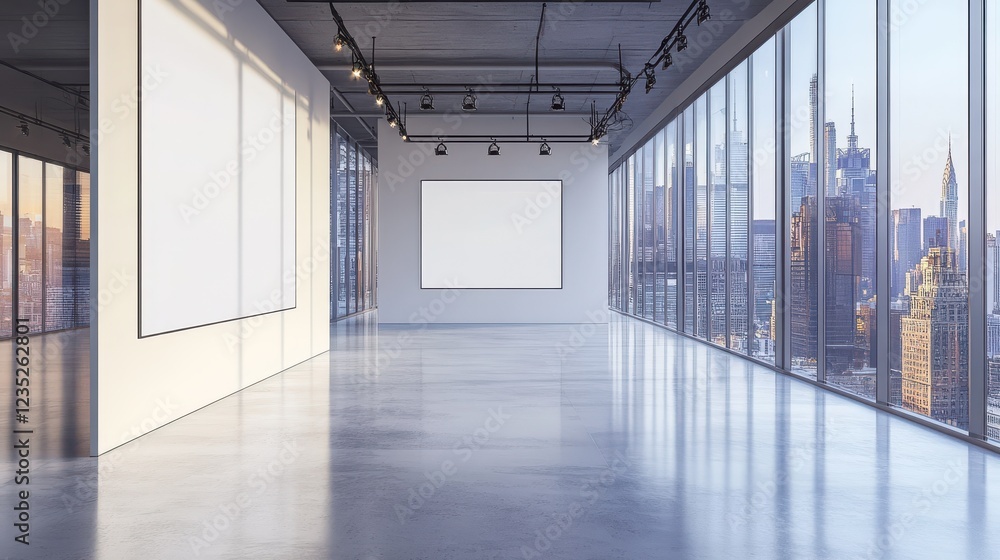 Poster new empty interior with blank mock up place on wall, windows, city view and daylight. design and gal