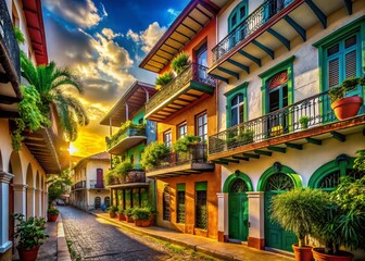 Fototapeta premium Casco Viejo Panama City: Sun-Drenched Colonial Architecture in Panama's Historic District