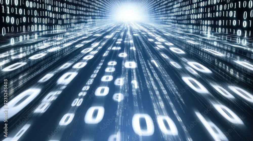 Poster Binary Code Data Stream Flowing Through Digital Tunnel