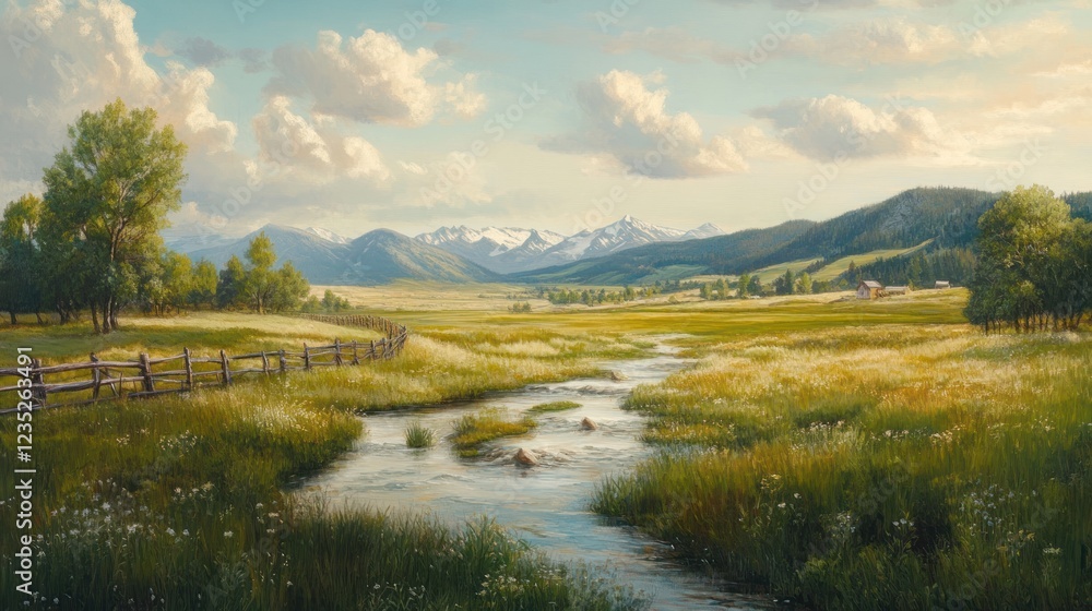 Sticker Serene Valley Stream Landscape With Mountain Range