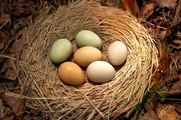 Straw nest with free-range chicken eggs