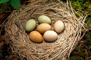 Straw nest with free-range chicken eggs