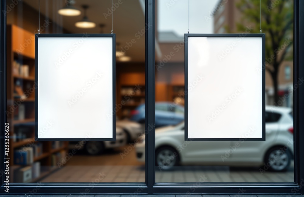 Poster blank white posters hang on store windows. empty frames provide space for custom advertising. blurre
