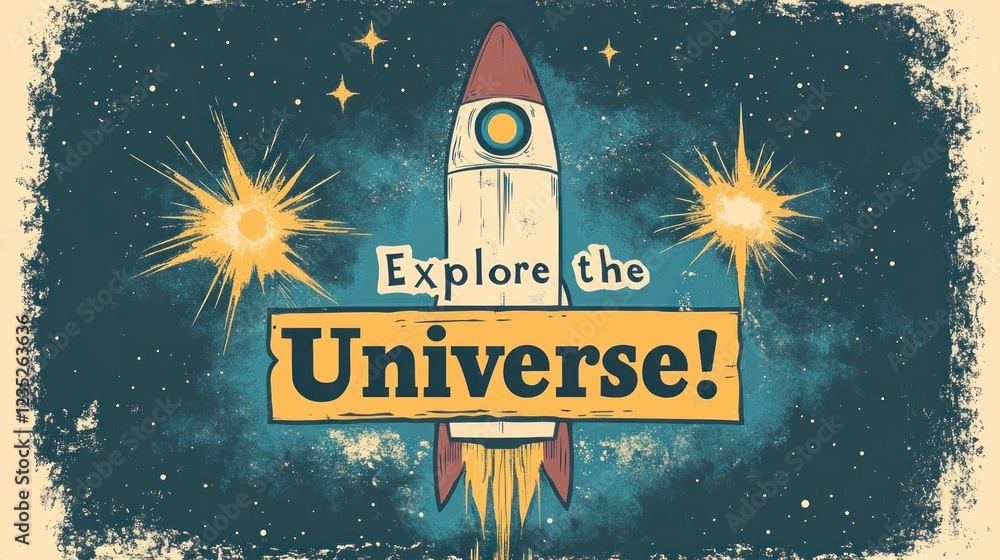 Poster rocket ship soaring through space exploring the universe