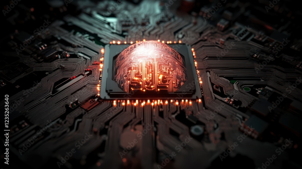 Poster glowing brain inside computer processor circuit board