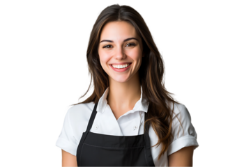 Portrait a happy waitress and food service woman, smiling, isolated on transparent background