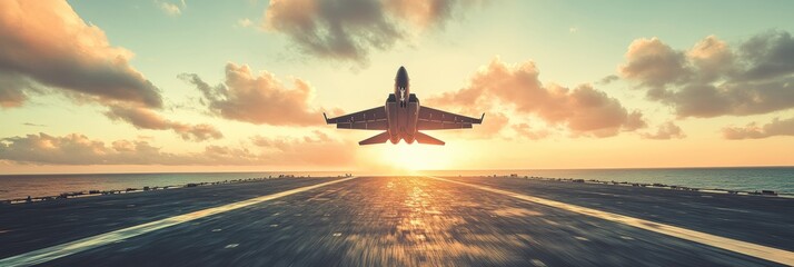 Military fighter jet takes off from aircraft carrier at sunset above ocean. Generative AI