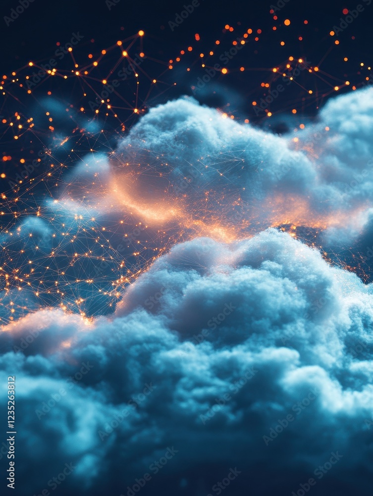 Poster digital clouds representing cloud migration with data points and network connections.